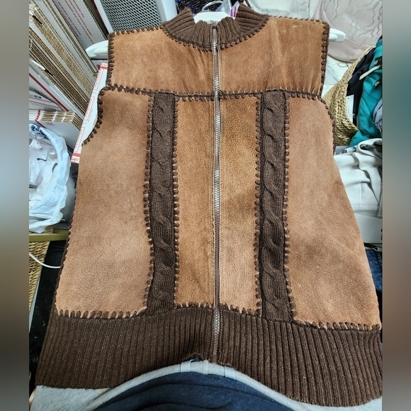 VINTAGE PLANET & COMPANY BROWN PATCH LEATHER CABLE KNIT ZIP SWEATER VEST SIZE M - Picture 9 of 10